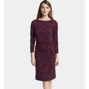 Tory Burch Etta Blouson Dress Berry Navy Floral Print Gold Logo Buttons Sz Small